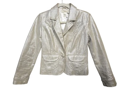 Chaqueta White House Black Market para mujer 4 plateada metálica cuero bordado Bla Foto 1 de 4