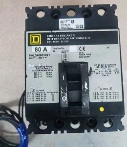 SQUARE D CIRCUIT BREAKER FAL340801021 3 POLE 80 AMP 480 VOLT W SHUNT TRIP - Picture 1 of 4