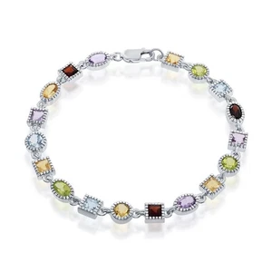 Sterling Silver 925 Multi Colored and Multi Shaped Gemstone Bracelet - Picture 1 of 2