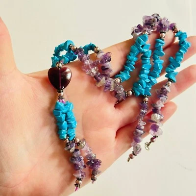 Heart Boho Necklace VTG Blue Turquoise purple Amethyst Beaded Collar Beads rare - Image 1 of 4