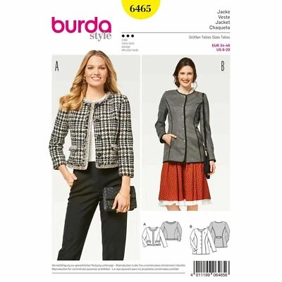 BURDA 6465 COLLARLESS JACKETS MISSES Sewing Pattern Sizes 8-20 Skill: AVERAGE - Image 1 of 4