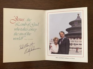 Rev Billy Graham Christmas Card with Photo Picture w/ Ruth China Scripture 1988