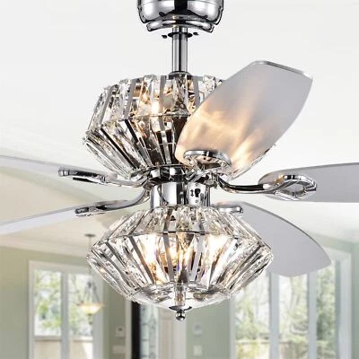 Toshevo RC Chrome Dual-lamp 52-inch Lighted Ceiling Fan w/ Crystal Shades and - Image 1 of 4