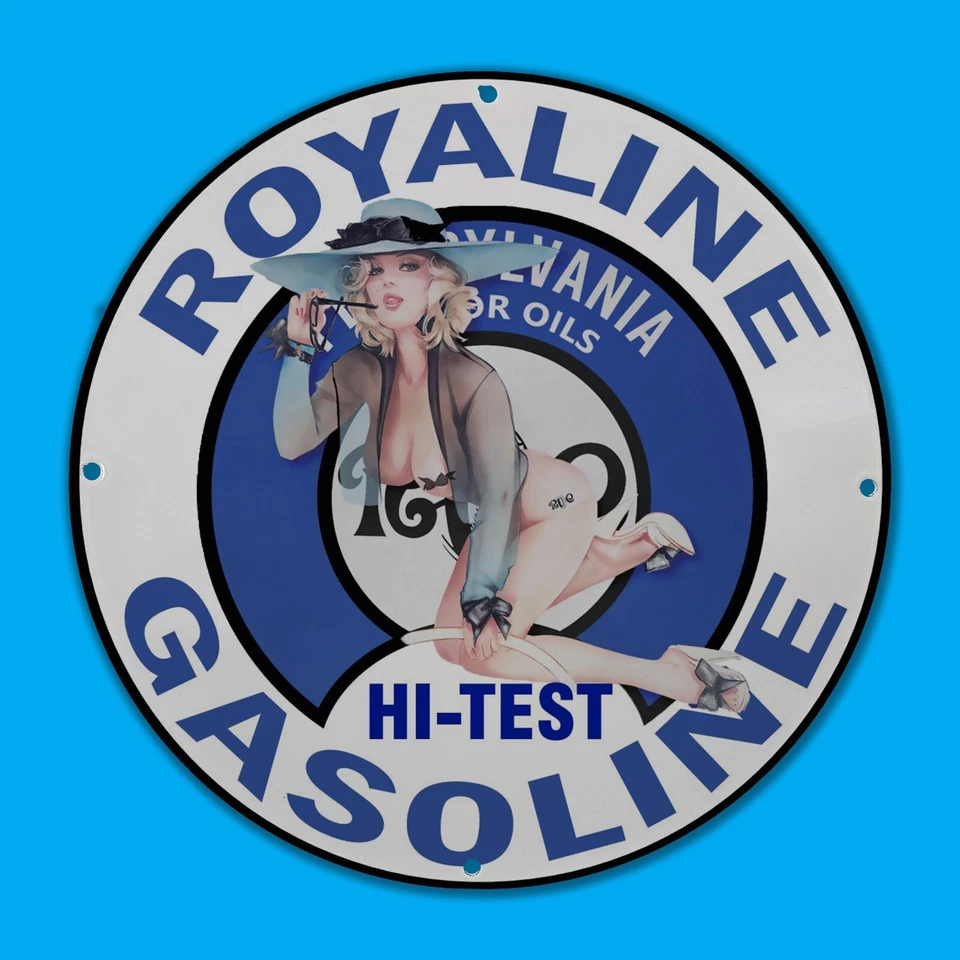 VINTAGE ROYALINE OILS BLUE GAS STATION SERVICE MAN CAVE OIL PORCELAIN SIGN - Image 1 of 1