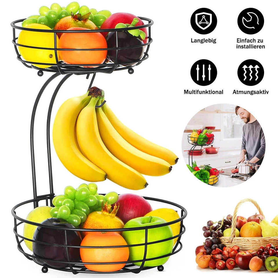 Obstkorb 2 Etagen Obstschale Servierständer Aufbewahrungskorb Bananenhalter - Bild 1 von 4