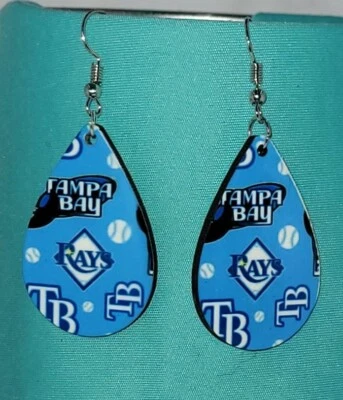 Tampa Bay Rays  baseball inspired tearrdrop wooden dangle earrings, Team Spirit, - Image 1 of 2