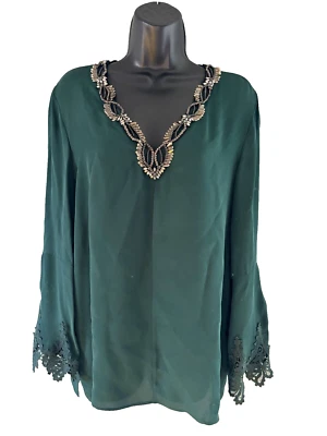 Kobi Halperin Womens Green Deep V Neck Long Crochet Bell Sleeve Blouse Medium - Image 1 of 4