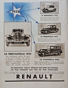 PUBLICITÉ DE PRESSE 1932 RENAULT MONASTELLA NERVASTELLA PRIMASTELLA VIVASTELLA - Imagen 1 de 1