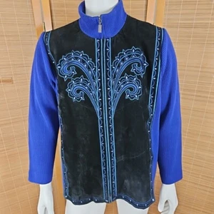 Vtg Bob Mackie Jacket Woman 2X Blue Suede Embroidered Wearable Art Boho Zip - Picture 1 of 9