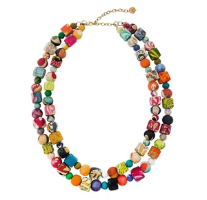 Fair Trade Necklace 2-Strand Square Round Beads Handmade Upcycled Kantha Recycle - Picture 1 of 17