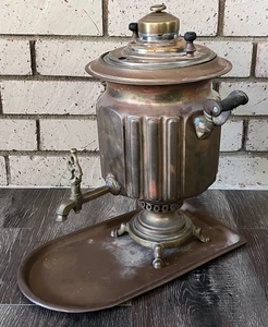 Antique Russian Brass Samovar Tea with Tray 18" Tall - Picture 1 of 11
