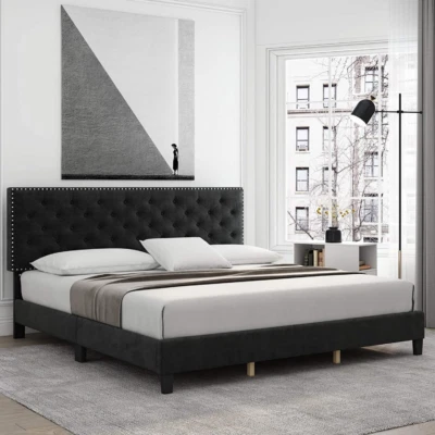 Colchon Tapizado Con Cabecera De Terciopelo Botones Estructura Cama Plataforma - Image 1 of 4