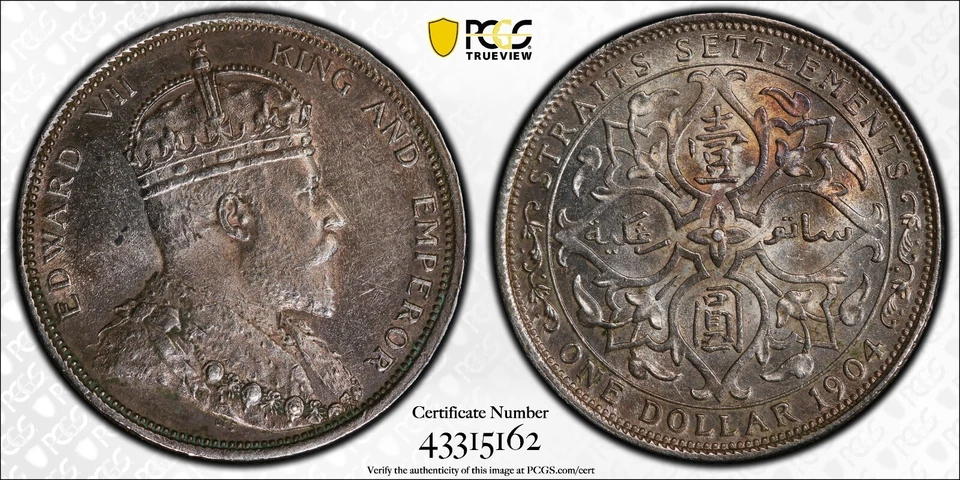 Moneda rara Au58 1904 B Straits Settlements $1 dólar piezas Foto 1 de 1