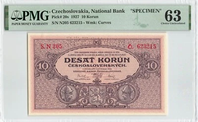 CZECHOSLOVAKIA 10 Korun 1927, P-20s SPECIMEN, PMG 63 Ch UNC (Prev Mounted) Rare. - Image 1 of 2