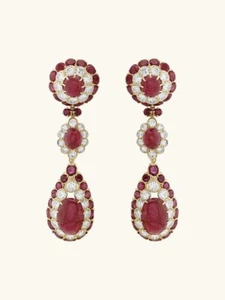 Oval Cabochon Lab Burma Ruby Dangle Earrings 925 Sterling Silver Antique Jewelry - Picture 1 of 5