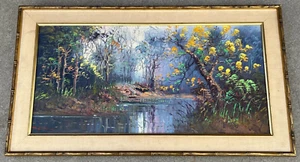 Pintura al óleo sobre lienzo vintage original colorido paisaje bosque río. Firmado - Imagen 1 de 16