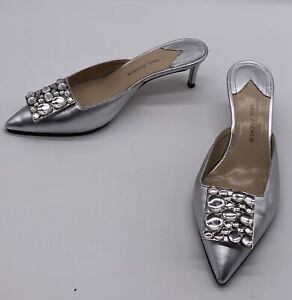 Paul Andrew re-soled leather silver embellished mule kitten heel 37.5
