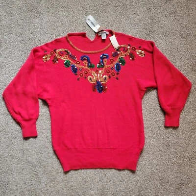 Suéter tejido vintage Victoria Harbour años 80 peso medio rojo con cuentas fiesta talla M nuevo con etiquetas Foto 1 de 4