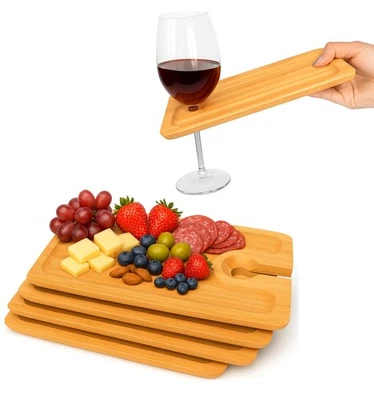Bamboo Appetizer Plates with Wine Glass Holder - 5 Individual Charcuterie Boa... - Image 1 of 4