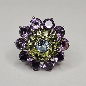 Gemstone Ring 925 Amethyst, Peridot & Topaz Sterling Silver Flower Ring  Size 6 - Picture 1 of 11