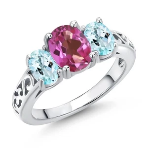 2.30 Ct Oval Pink Mystic Topaz Sky Blue Topaz 925 Sterling Silver Ring - Picture 1 of 6