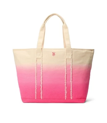 NWT VICTORIA'S SECRET IVORY PINK OMBRE FRAYED DETAIL ZIPPER TOTE BEACH BAG - Image 1 of 4