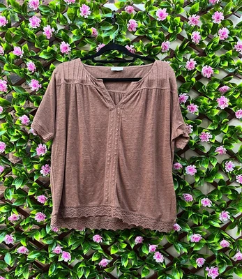WRAP London Chestnut brown linen lace trim short sleeve jersey top UK Size 14 - Image 1 of 4