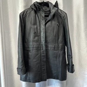 Excelled Lederjacke Herren L schwarz Full Zip gesteppt gefüttert Kragen Mantel Kapuze - Bild 1 von 15