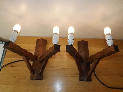 Reclaim Mid Century Pair Of Oak Rustic Cottage Style Double Wall Lights - Image 1 of 4