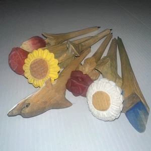 Vintage Set Of 7 Hand Carved Wooden Flowers, Butterfly, Shark Ballpoint Pens - Picture 1 of 6