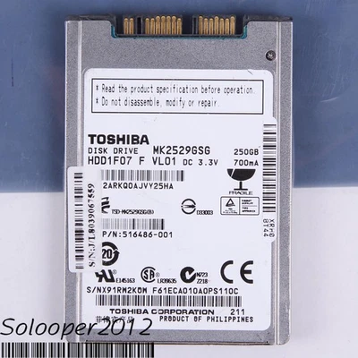 Free ship TOSHIBA 250 GB HDD 1.8" 8 MB 5400 RPM MK2529GSG micro-SATA Hard Disk - Image 1 of 2