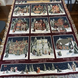 Vtg Dept 56 Xmas Heritage Village Tapestry Cotton Made USA  Throw Blanket 46x68 - Picture 1 of 8