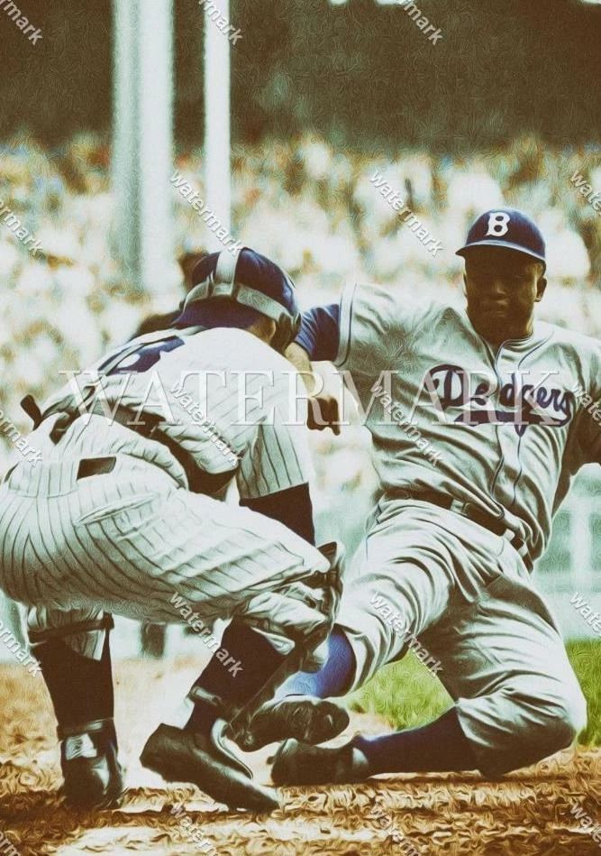 E518 Jackie Robinson Slides Yogi Berra 8x10 11x14 16x20 Oil Painting Photo - Image 1 of 1