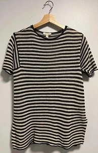 Eileen Fisher Organic Linen Sweater Petite PP/PPT Short Sleeve Stripe Navy Tan - Picture 1 of 6
