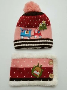 Kids Pink/Red Pompom Christmas Knitted Fleece Winter Ski Beanie Hat Neck Warmer - Picture 1 of 6