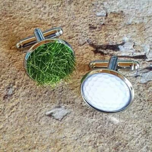 Unique! GOLF BALL & GRASS CUFFLINKS chrome SPORT green GOLFER fab GOLFBALL gift - Picture 1 of 1