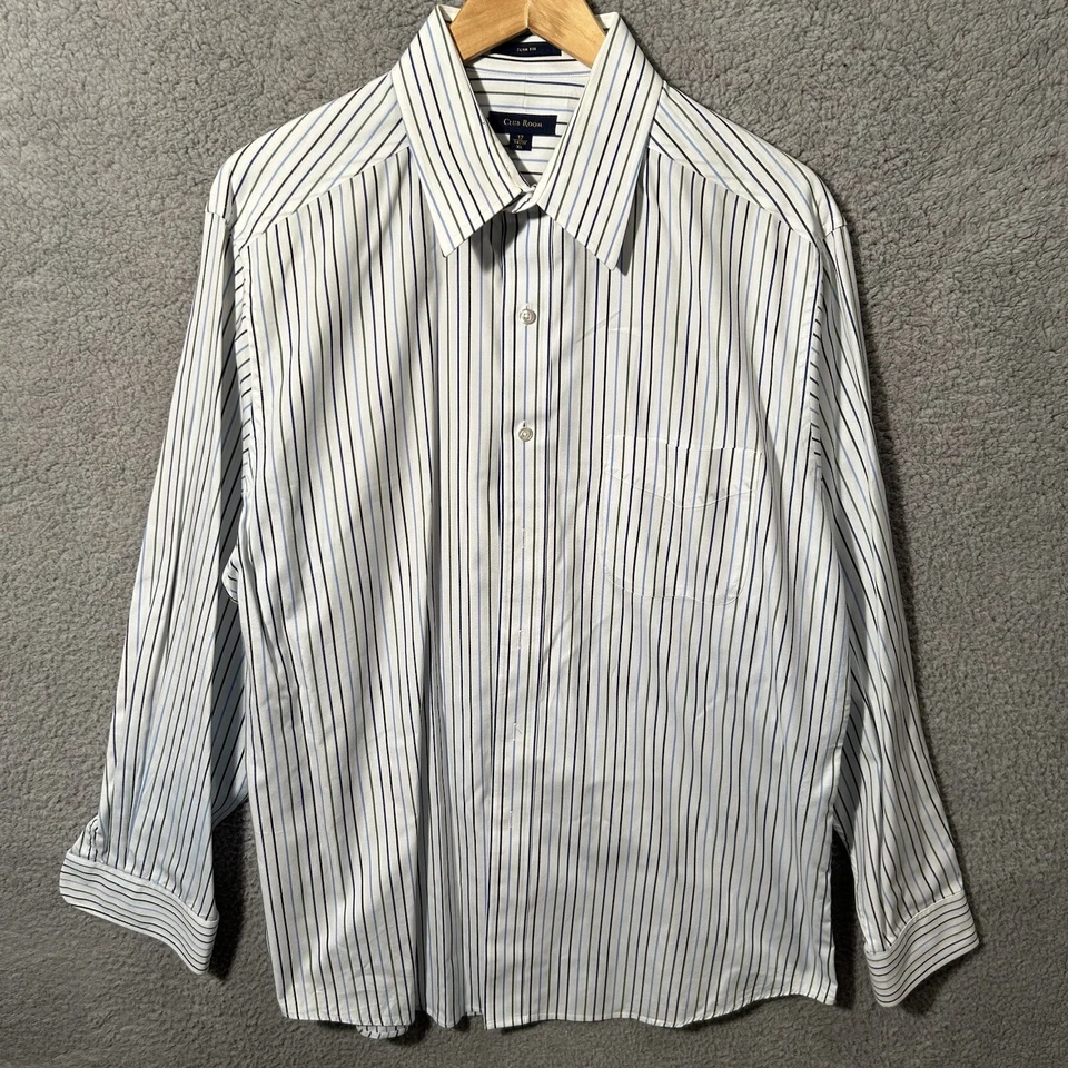 Club Room Slim Fit Striped Dress Shirt Men's XL 100% Cotton White - Image 1 of 4