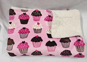 Baby Blanket Pink Brown Cupcake Heart White Cream Sherpa Fleece Plush Soft Lovey - Picture 1 of 4