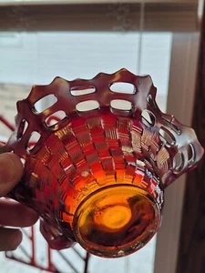 Nice Amberina Red Fenton Carnival Glass Open Edge 2 Row 6 Ruffle Hat - Picture 1 of 14