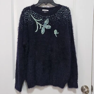 Zara Fancy Collection Girls 13-14 Navy Fluffy Floral Sequin Sweater - Picture 1 of 7
