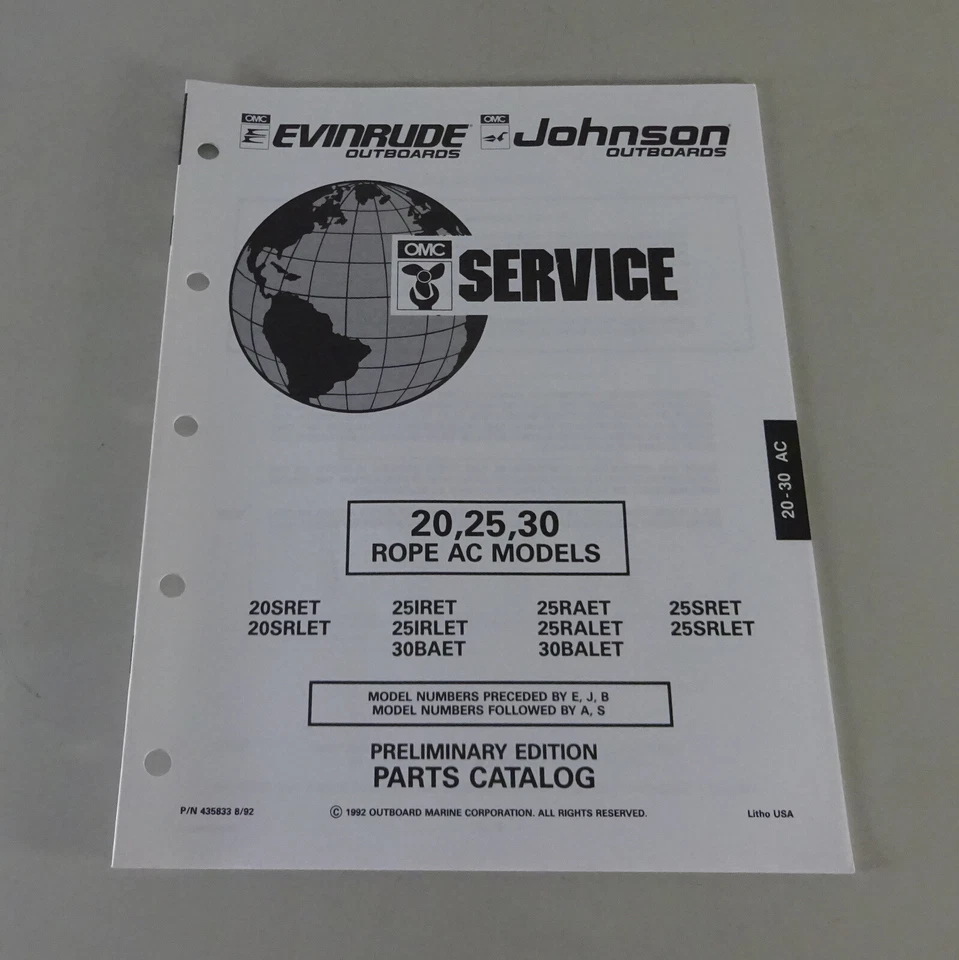 Catalogo Ricambi Omc Evinrude/Johnson Outboards 20/25/30 Corda AC Modelli 8/ - Immagine 1 di 1