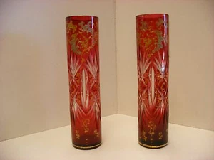 Antica coppia di vasi boemi stile Moser smaltato mirtillo decorati bocciolo 7 1/2" - Foto 1 di 11