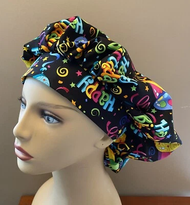 Happy Birthday Bouffant surgical scrub hat women made with Birthday Fabric - Image 1 of 4