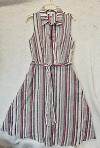 Liz Claiborne Sleeveless Linen Dress Red Black White Striped Belted Plaid 10P - Picture 1 of 6