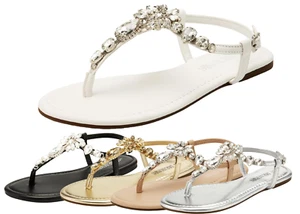 Women Rhinestone Flat Sandals T-strap Thong Flip Flop Party Dress Sandals - Picture 1 of 37