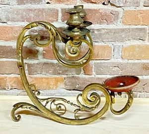 rare Antique solid heavy brass double arm candle holder WALL MOUNT ornate scroll - Picture 1 of 24