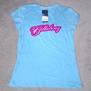 Vintage Y2K Billabong T-shirt Girls Large Blue Spellout Logo Slim 2010s - Picture 1 of 10