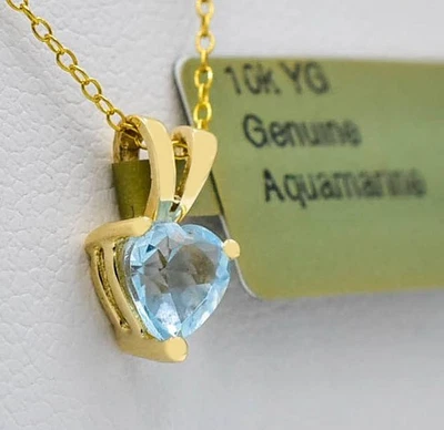 GENUINE 0.73 Ct AQUAMARINE HEART PENDANT 10k YELLOW GOLD  -5MM- Made in USA-NWT - Image 1 of 4