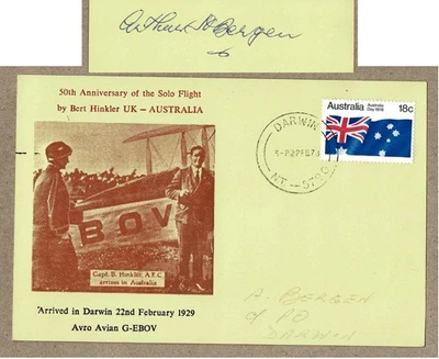 Tarjeta de vuelo Australia 1978 firmada por Bergen 1928 Bert Hinkler Anniv Reino Unido Darwin FFC Foto 1 de 3