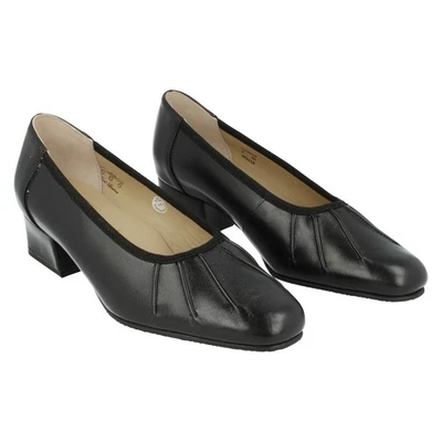 Ladies Equity Ex-Display Black Leather Court Shoes: Lucinda 1 UK 4 EE - Image 1 of 4